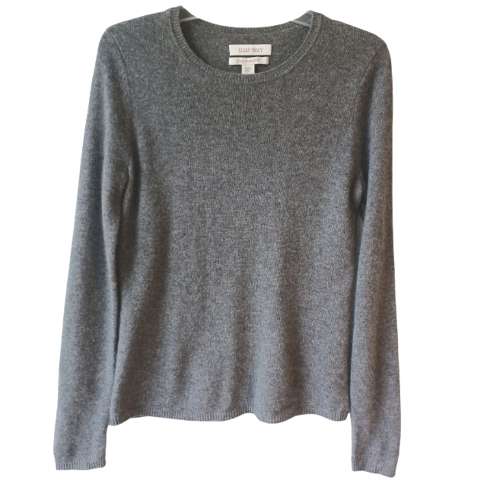 ELLEN TRACY Cashmere Pullover Crew- neck Long-sleeved Sweater Gray Medium
